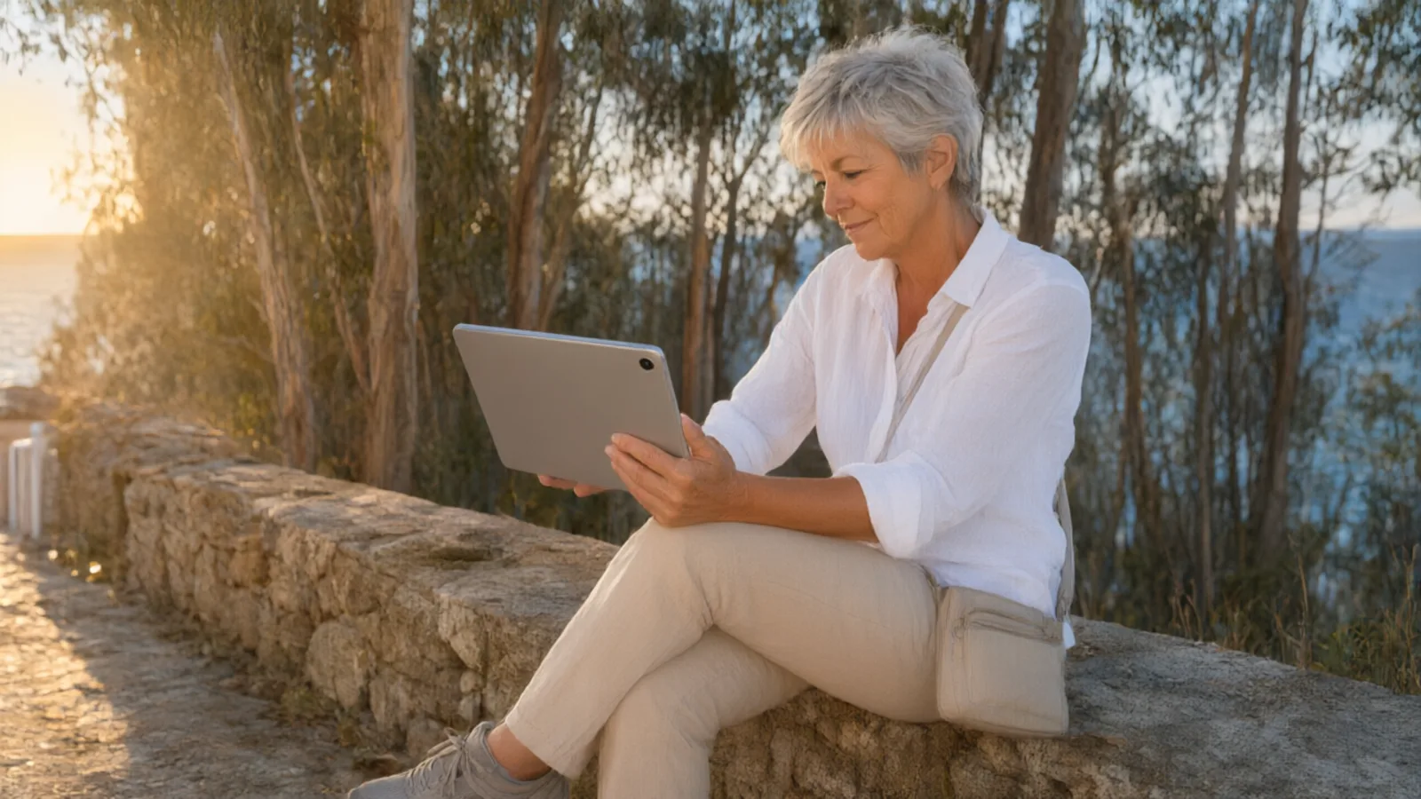 Una signora di 66 anni legge la guida sul tablet lungo il Cammino