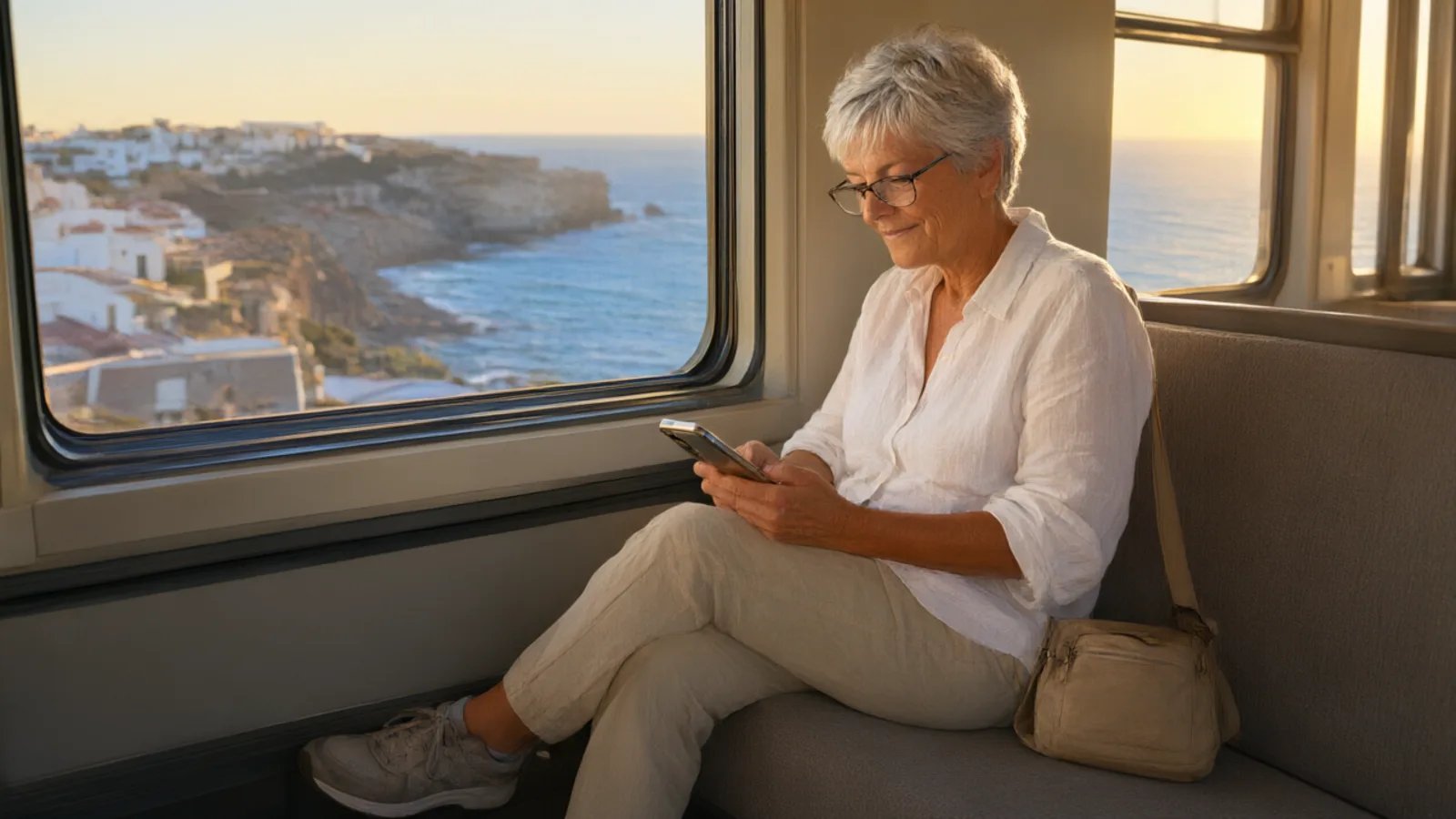 In treno lungo la costa portoghese, con la guida sul telefono
